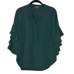 Vince Camuto Ruffle‎ Sleeve Banded Collar Blouse in Hunter Green Sz XS